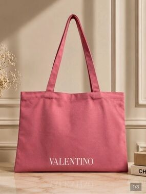 Valentino Rose Pink Canvas Tote with V Logo